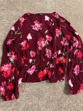 Express Burgundy Floral Wrap Top with Pink & Red Blooms